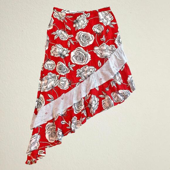 Red floral asymmetric midi skirt ruffle tiered, Y2K fairycore bohemian boho chic - Picture 2 of 6
